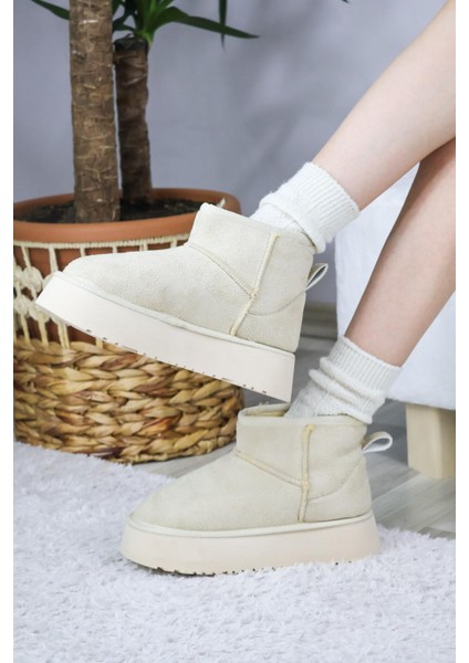 Kadın Pavro Süet Içi Kürklü Kalın Taban ( 4.5 cm ) Mini Kısa Bot Krem