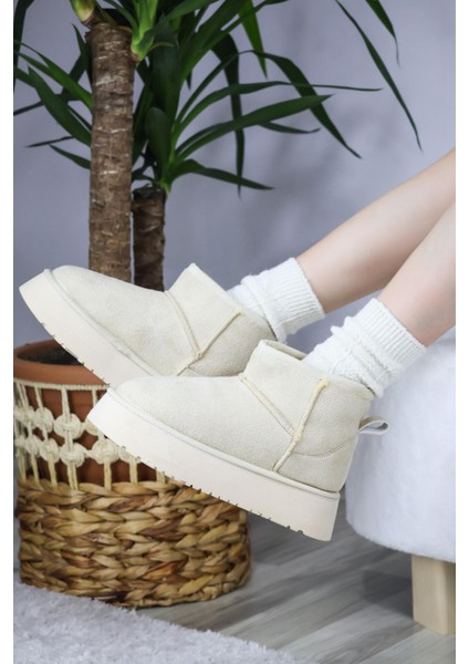 Kadın Pavro Süet Içi Kürklü Kalın Taban ( 4.5 cm ) Mini Kısa Bot Krem indirimleri