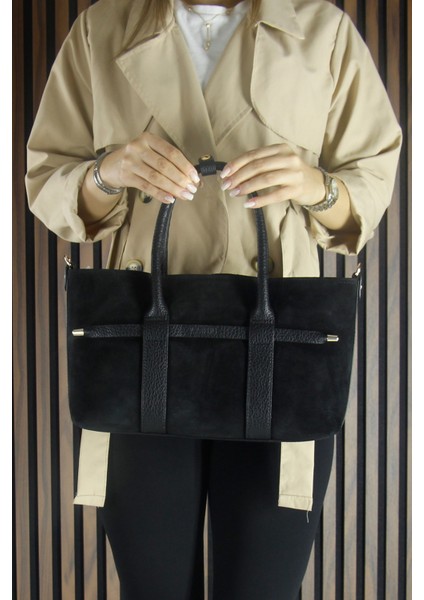 Siyah Hakiki Dana Süet Fermuarlı Üç Bölmeli Iç Cepli Askılı Orta Boy Günlük Omuz Çantası
