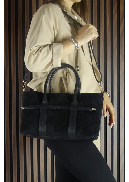 Siyah Hakiki Dana Süet Fermuarlı Üç Bölmeli Iç Cepli Askılı Orta Boy Günlük Omuz Çantası fiyatları