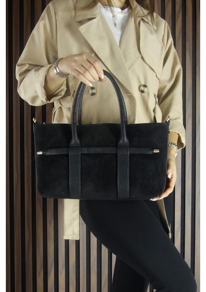 Siyah Hakiki Dana Süet Fermuarlı Üç Bölmeli Iç Cepli Askılı Orta Boy Günlük Omuz Çantası fırsatları