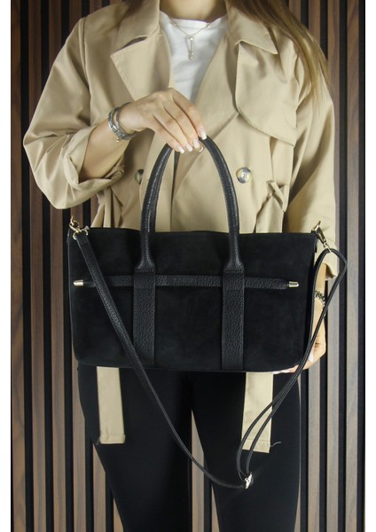Siyah Hakiki Dana Süet Fermuarlı Üç Bölmeli Iç Cepli Askılı Orta Boy Günlük Omuz Çantası indirimleri