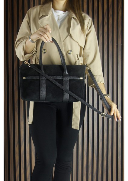 Siyah Hakiki Dana Süet Fermuarlı Üç Bölmeli Iç Cepli Askılı Orta Boy Günlük Omuz Çantası