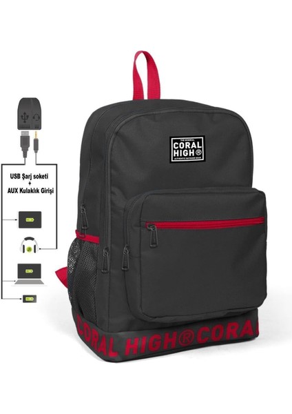 Nakış Logolu USB Şarjlı Kulaklık Çıkışlı Koyu Gri Sırt Çantası 24105