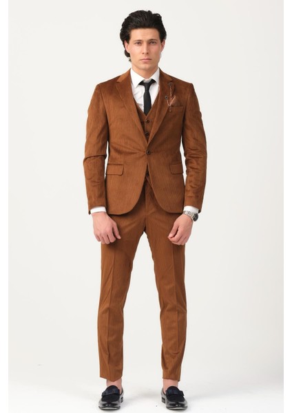 Taba Fitilli Kadife Erkek Takım Elbise – 3 Parça Yelekli, Şık ve Modern Slim Fit Kesim