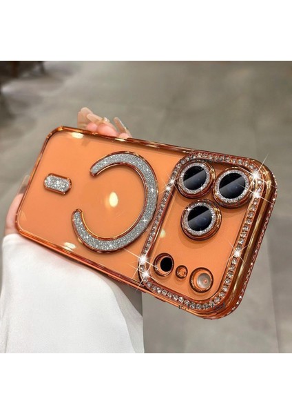 Apple iPhone 17 Pro Kılıf Simli Taşlı Lens Korumalı Arkası Şeffaf Kenarı Renkli Parlak Magsafe Kapak