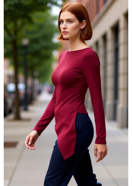 Kadınlar Için Uzun Kollu Asimetrik Bluz Yumuşak Viskon Ribana Kumaş Günlük ve Şık Kullanım fırsatları