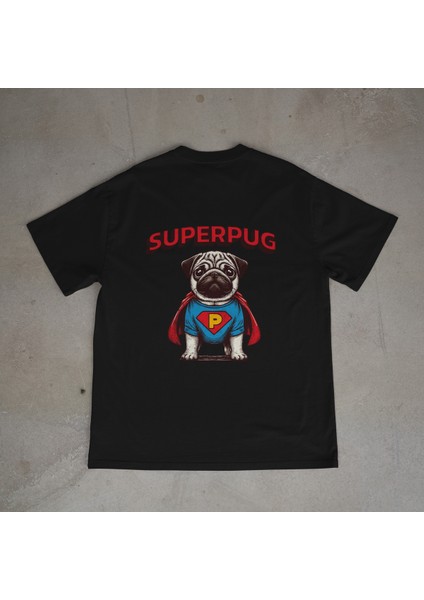 Superpug Tasarım Baskılı Siyah Oversize T-Shirt