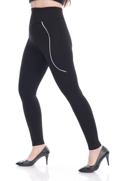 Kadın Siyah Beli Lastikli Önü Ince Beyaz Biyeli Toparlayıcı Tayt fırsatları