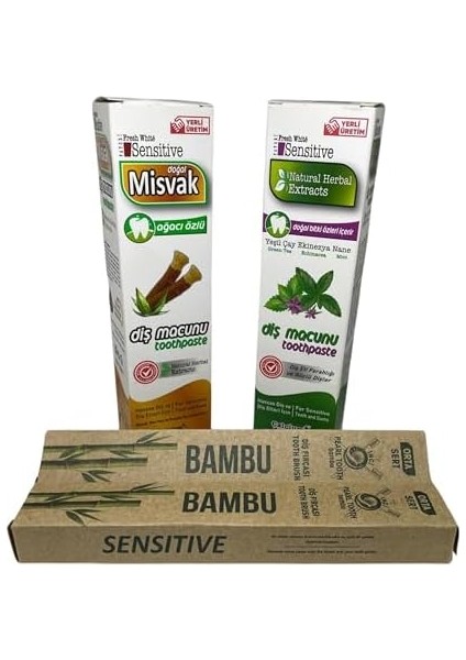 Bybars Diş Bakım Seti Sensıtıve Diş Macunu Misvak Ağacı Özlü, Aloe Vera ve Propolis Ekstraktlı - Sensıtıve Natural Herbal Diş Macunu Yeşilçay, Ekinezya, Nane Ekstraktlı - 2 Adet Bambu Diş Fırçası modelleri