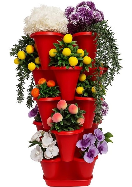 Katlı Şanslı Yonca Kule Saksı Seti Çiçek Bitki Sebze Meyve Salon Mutfak Banyo Bahçe Saksı Seti (Kırmızı)