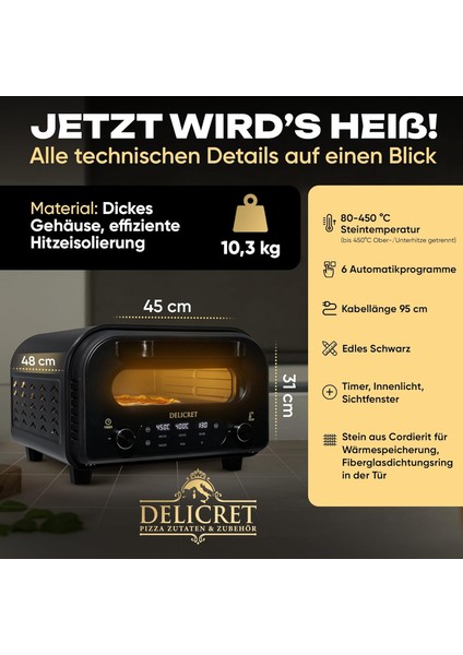 Delıcret Elektrikli Pizza Fırını: 450°C Termostatlı, Gerçek Taş Fırın Deneyimi ve 6 Otomatik Program (1700W) modelleri