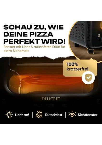 Delıcret Elektrikli Pizza Fırını: 450°C Termostatlı, Gerçek Taş Fırın Deneyimi ve 6 Otomatik Program (1700W)