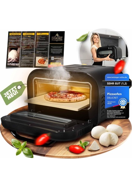 Delıcret Elektrikli Pizza Fırını: 450°C Termostatlı, Gerçek Taş Fırın Deneyimi ve 6 Otomatik Program (1700W)
