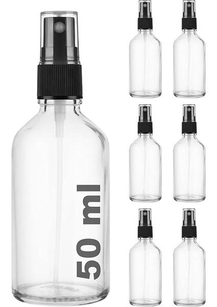 Şeffaf 50 ml Plastik Kapaklı Siyah Sprey Fısfıs Dezenfektan Cam Şişe 6 Adet