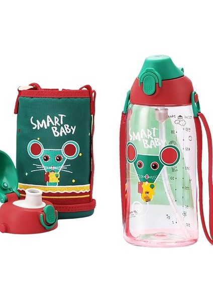 Büyük Boy 700ML Kılıflı Askılı Pipetli/pipetsiz Iki Ayrı Kapaklı Tritan Çocuk Matarası (Smart Baby (Kırmızı-Yeşil))