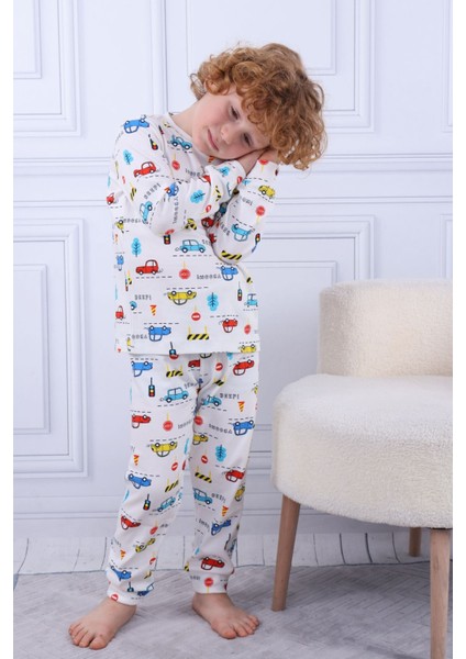 104 Erkek Çocuk Uzun Kollu Bisiklet Yaka Pijama Takım-Beyaz