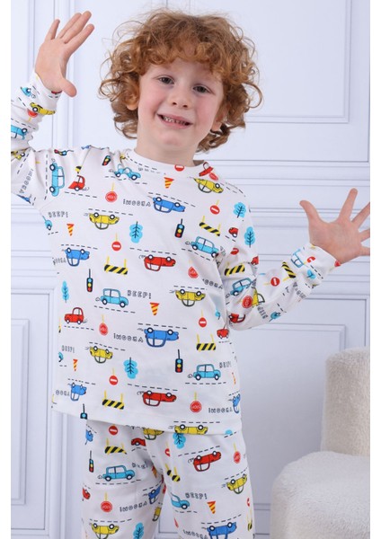 104 Erkek Çocuk Uzun Kollu Bisiklet Yaka Pijama Takım-Beyaz fiyatları