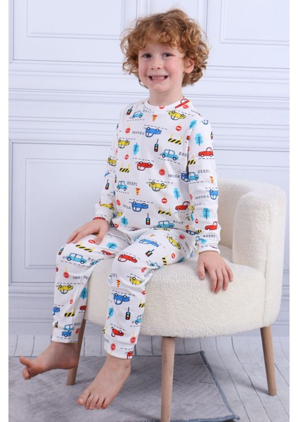 104 Erkek Çocuk Uzun Kollu Bisiklet Yaka Pijama Takım-Beyaz indirimleri