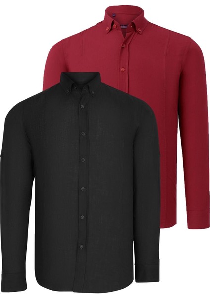 Ikili Set G721 Dewberry Erkek Gömlek-Siyah-Bordo