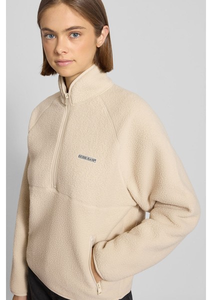 Kadın Regular Fit Yarım Fermuarlı Dik Yaka Polar Sweatshirt - Ekru modelleri