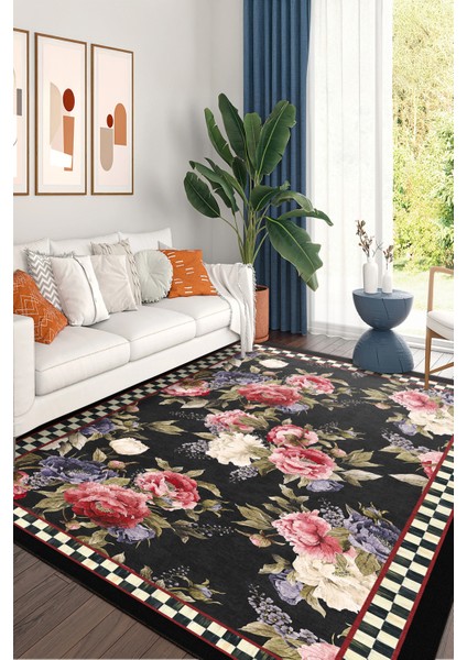 Yeni Desen Yıkanabilir Kaymaz Tabanlı Bohem Tarz Dijital Baskı Salon Halısı, Yumuşak Dokulu Lüks Halı Modeli ve 40 x 60 Siyah Renk Dikdörtgen Halı