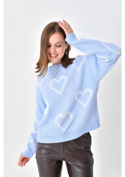 Kadın Kazak Kalp Desenli Yuvarlak Yaka Kazak B.mavi - 8103