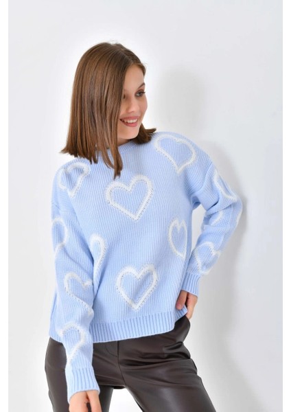 Kadın Kazak Kalp Desenli Yuvarlak Yaka Kazak B.mavi - 8103 fiyatları
