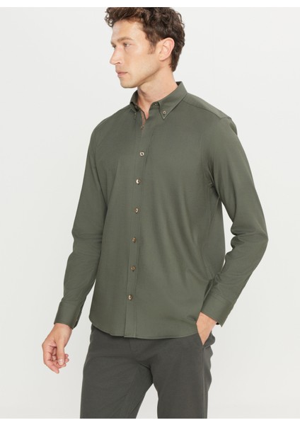 Slim Fit Düğmeli Yaka Haki Erkek Gömlek ACE020261467_HAK modelleri
