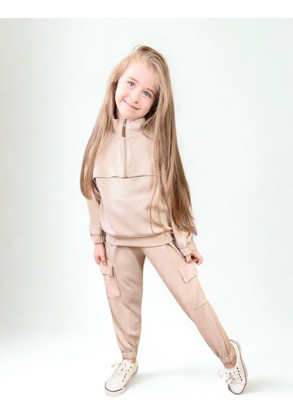 Fermuarlı Kargo Cepli Kız Çocuk Takım Bej
