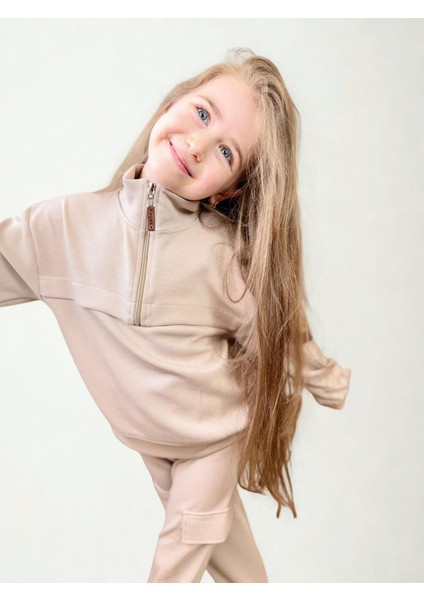 Fermuarlı Kargo Cepli Kız Çocuk Takım Bej modelleri