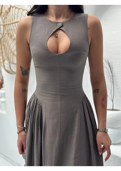 Kolsuz Uzun Kabardin Elbise - Gri