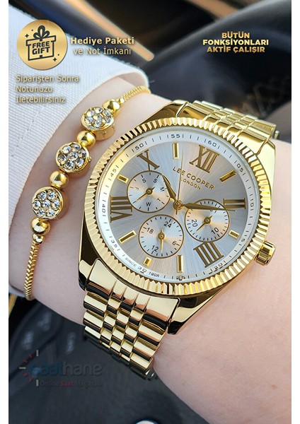 Orijinal Lee Cooper Fonksiyonları Aktif Takvimli Gold Altın Sarı Çelik Kadın Kol Saati