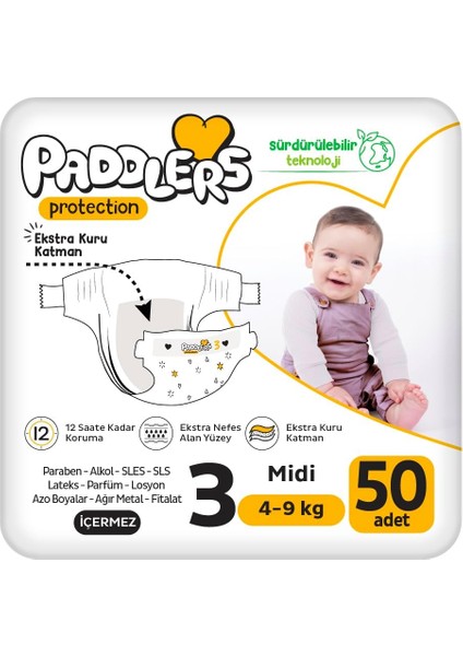 Paddlers Protection Bebek Bezi 3 Numara Midi 50 Adet (4-9 Kg) Jumbo Paket fiyatları