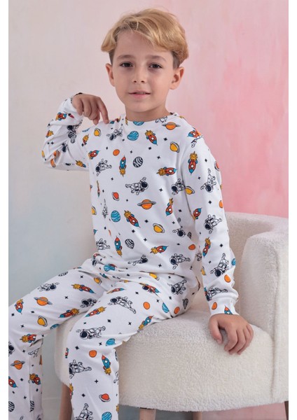 110 Erkek Çocuk Uzun Kollu Bisiklet Yaka Pijama Takım-Beyaz
