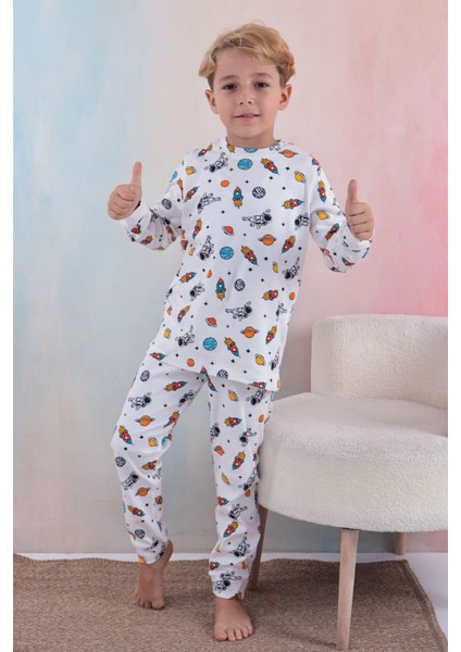 110 Erkek Çocuk Uzun Kollu Bisiklet Yaka Pijama Takım-Beyaz fiyatları