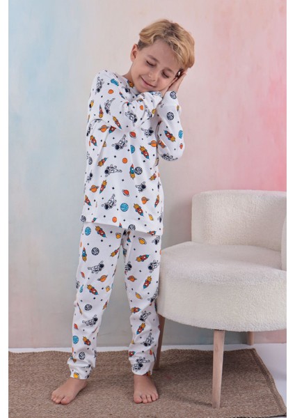 110 Erkek Çocuk Uzun Kollu Bisiklet Yaka Pijama Takım-Beyaz modelleri