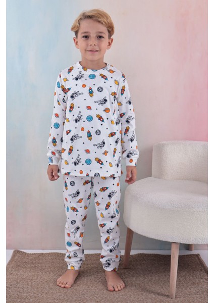 110 Erkek Çocuk Uzun Kollu Bisiklet Yaka Pijama Takım-Beyaz indirimleri