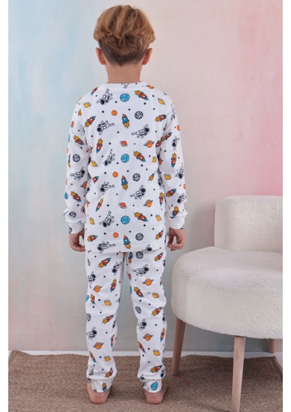 110 Erkek Çocuk Uzun Kollu Bisiklet Yaka Pijama Takım-Beyaz