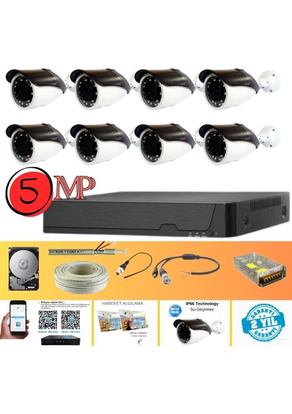 Gerçek 5 Mp Metal Kasa 8 Kameralı Ahd Güvenlik Seti 1 Tb HDD Dahil - ST85100GM