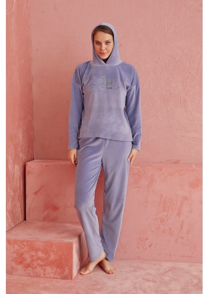 Calia 8704 Uzun Kollu Kadife Kapşonlu Kadın Pijama Takımı