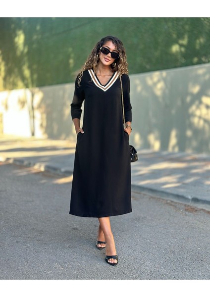 Kadın Uzun Kollu V Şerit Yakalı Viskon Iki Iplik Elbise fiyatları