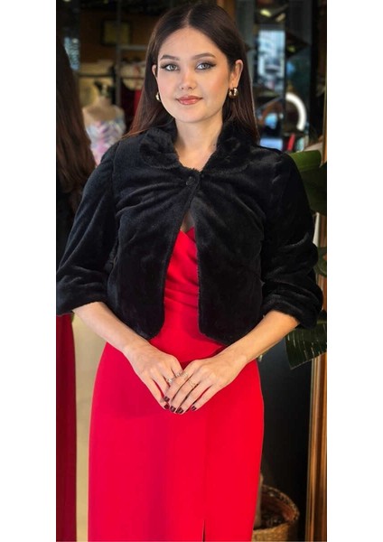 Siyah Uzun Kollu Tay Tüyü Bolero 7668-01