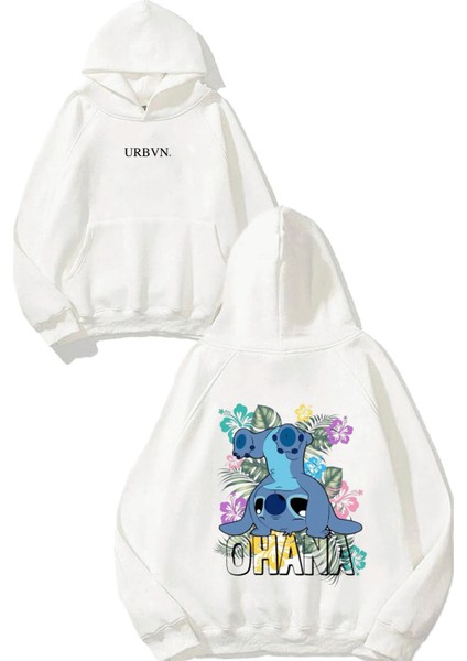 Ohana Tasarım Baskılı Oversize Beyaz Kapüşonlu Sweatshirt