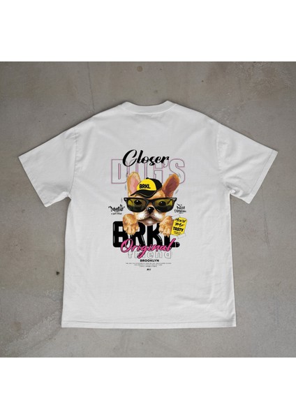 Frenchdog Tasarım Baskılı Beyaz Oversize T-Shirt