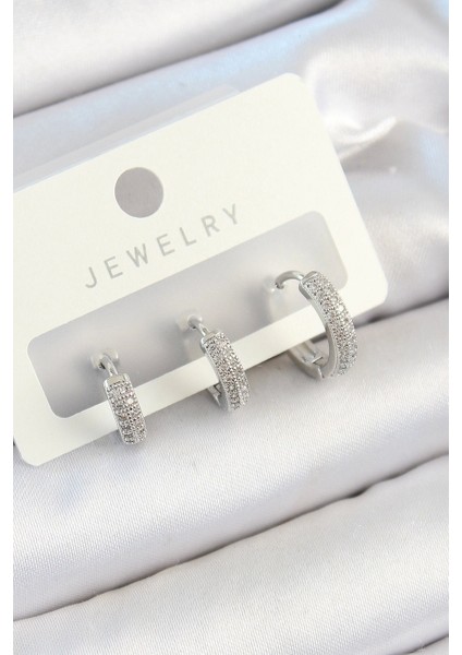 Bfs Pirinç Zirkon Taşlı Halka Model Gümüş Renk 3'lü Çift Kadın Küpe Set