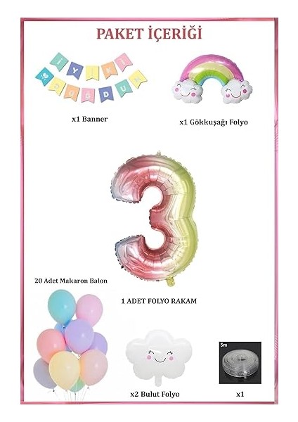 Yaş Gökkuşağı Bulut Konsepti Doğum Günü Parti Kutlama Seti modelleri