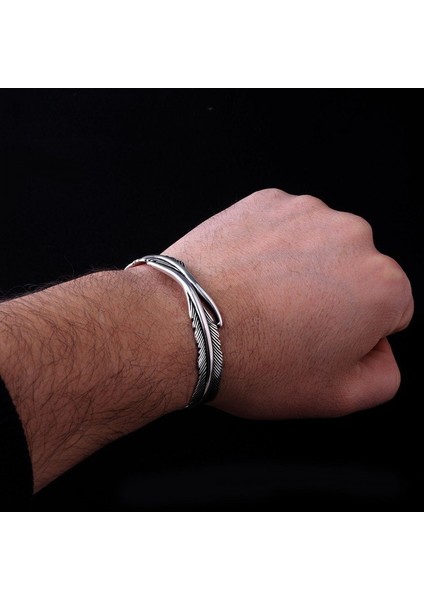 Kartal Tüyü Motifli Erkek Kelepçe Bileklik 925 Ayar Gümüş modelleri