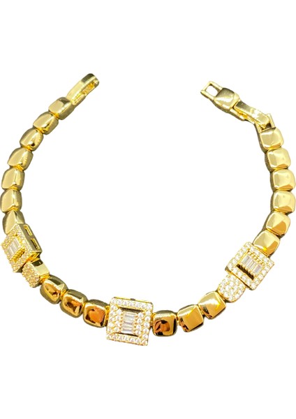 Xupıng Gold Renk Zirkon Taşlı Trend 5 Kare Taşlı Model Metal Kısımlar Altın Renk 19 cm Uzunluğunda 5 Mm. Genişliginde Xupıng Bileklik