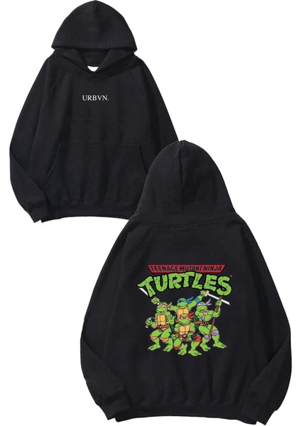 Teenage Mutant Tasarım Baskılı Oversize Siyah Kapüşonlu Sweatshirt